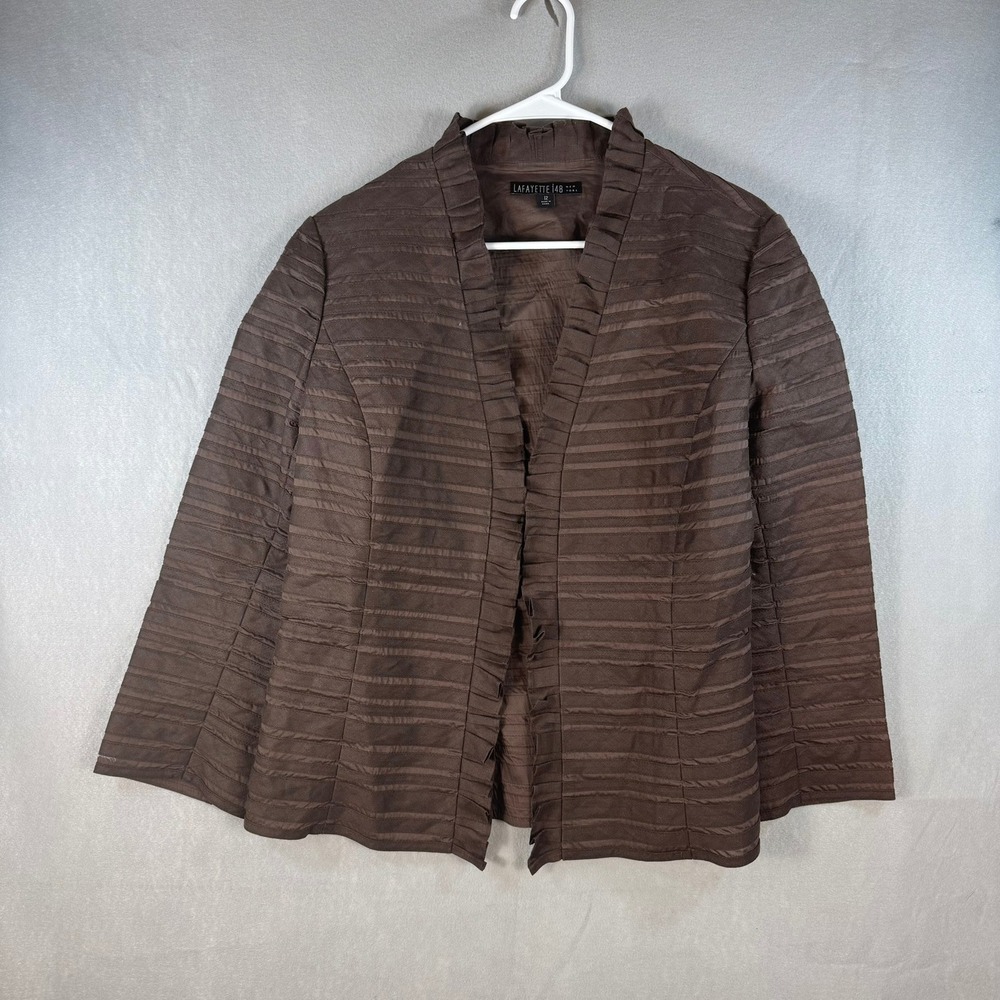 Lafayette 148 New York Brown Cotton Linen Ruffle Trim Pleated Jacket Size 12